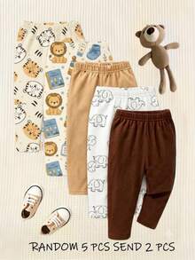 SHEIN Playful Pals 隨機 5 件發 2 件，新款可愛服飾舒適簡約柔軟休閒卡通印花，可愛男孩長褲日常穿著，男孩最愛圖案禮物 - 彩色 - 查看 4