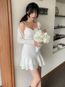 DAZY 女款紋理花卉細肩帶洋裝與韓風長袖開襟衫 2 件套居家休閒套裝 - 白色 - 查看 4
