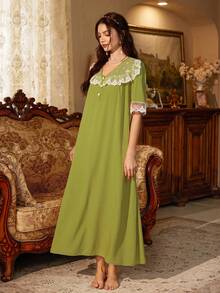 PalaceNights Palace Style Embroidered Floral Lace Patchwork V-Neck Button Front Short Sleeve Nightgown - Olive Green - View 5