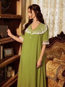 PalaceNights Palace Style Embroidered Floral Lace Patchwork V-Neck Button Front Short Sleeve Nightgown - Olive Green - View 7