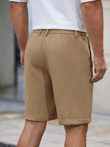 HIMLAND Men's Woven Solid Color Short Mid-Waist Slim Straight Leg Shorts, Knee Length, Suitable For Daily Outings, Spring And Summer Seasons - Brown - View 3