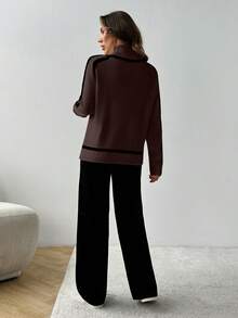 EURMUSE WOMEN ECRU HIGH NECK KNIT SWEATER & WIDE LEG PANTS SET WITH BLACK PIPING DETAILS - Brown - View 2