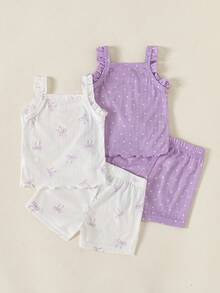 SHEIN Playful Pals 嬰兒夏季吊帶套裝，女嬰蝴蝶結波點荷葉邊無袖上衣與短褲2件套，兒童休閒套裝 - 紫色 - 查看 2