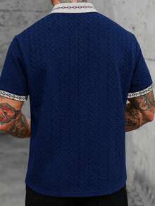 EGENSIO Men's Knitted Jacquard Solid Color Textured Navy Blue & Apricot Reversible Ribbed Collar 2-Button Polo Shirt - Royal Blue - View 2
