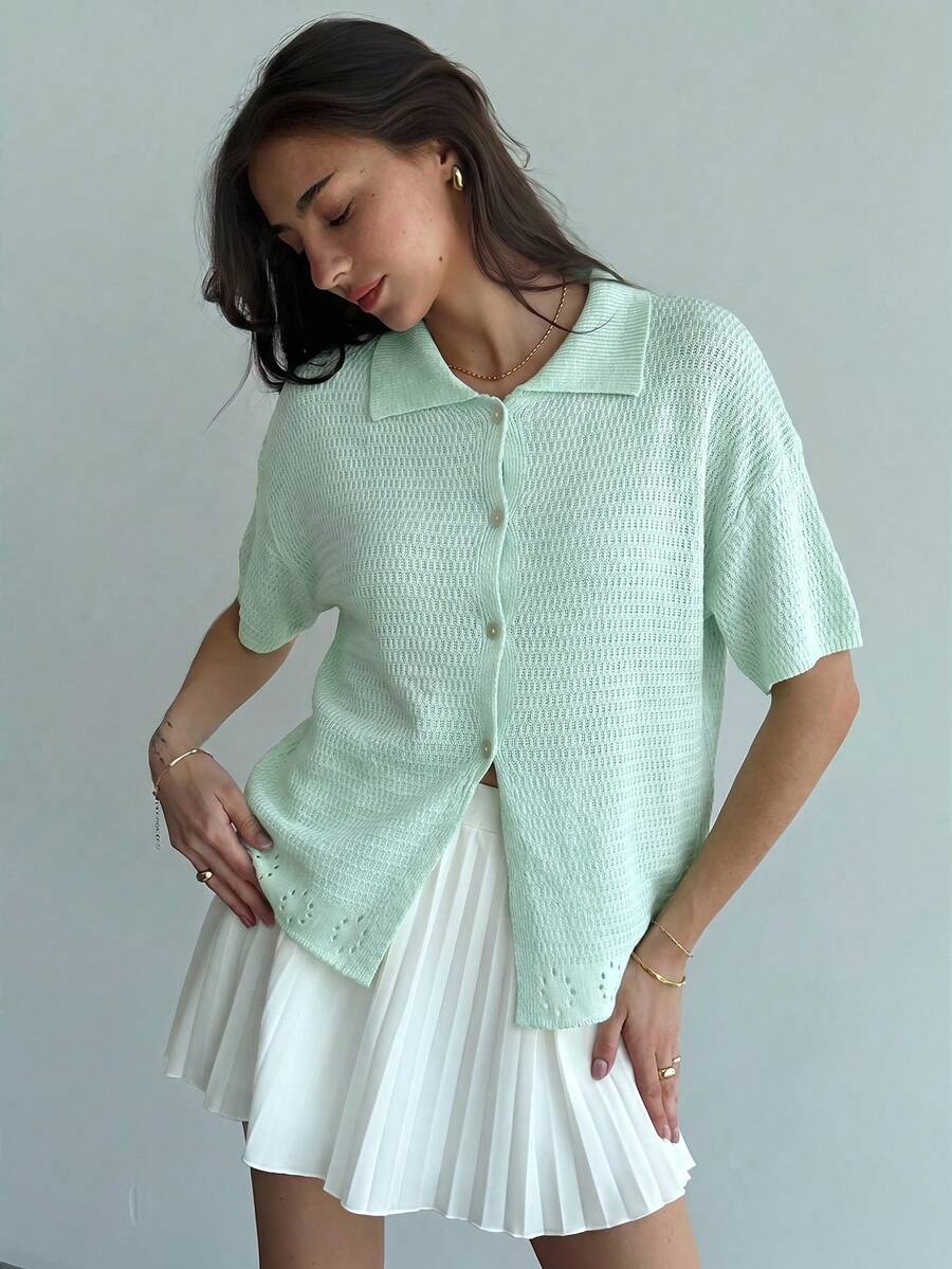 Aloruh 女款休閒百搭純色短袖針織衫 - 橄欖綠 - 查看 1