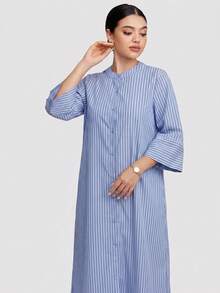 Veilorie 女款條紋前開鈕扣長版休閒洋裝，春秋款，端莊長裙，適合海灘/休閒/度假/居家/返校及日常休閒穿著 - 藍色 - 查看 6