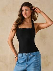 SHEIN BAE Camiseta de tirantes finos de algodón puro de unicolor negro con encaje de contraste, ajuste ceñido, para mujer, primavera/verano - Negro - Ver 3