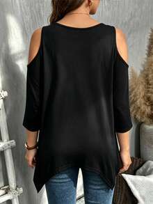 EMERY ROSE Camiseta de hombros descubiertos con dobladillo asimétrico para mujer de talla grande - Negro - Ver 2