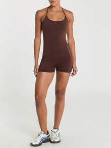 11SKNDS Strappy Crossback Short Romper With Scoop Neckline And Built-In Support Sleeveless One-Piece Unitard For Yoga Pilates And Summer Activewear - Chocolate Brown - View 4