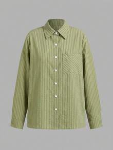 SHEIN LUNE 女款休閒白色黑色襯衫與長褲3件套秋季服裝套裝 工作服 日常度假早午餐辦公室旅行城市短途綠色條紋 - 綠色 - 查看 5