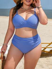 Swim Lushoire Plus Size Women 2-Piece Fashionable Minimalist Solid Color V-Neck Wide Adjustable Shoulder Strap Ruched Waist Split Swimsuit For Summer - Mauve Purple - View 5