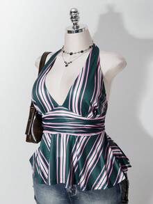 SHEIN ICON 女款大尺碼粉綠條紋掛脖上衣 - 彩色 - 查看 11
