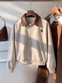 Tween Girls Long Sleeve 1pc Young Girls American Collegiate Style Light Apricot Jacket With Dark Brown PU Leather Collar, Front Zipper Closure - Khaki - View 7