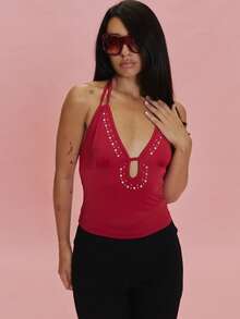 MUSERA Red Slinky Embellished Double Strap Halterneck Top Summer Holiday Ibiza Festival Black Lotus - Red - View 1