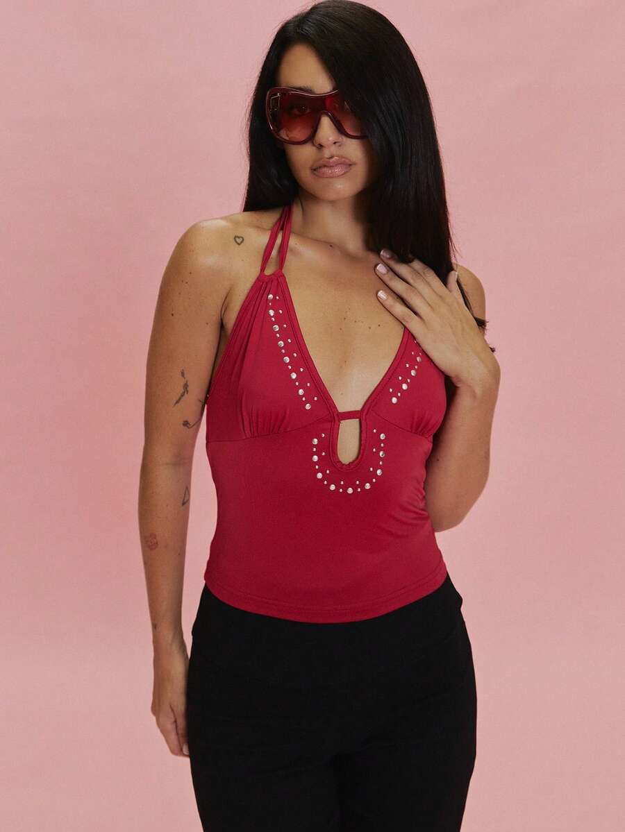 MUSERA Red Slinky Embellished Double Strap Halterneck Top Summer Holiday Ibiza Festival Black Lotus - Red - View 1