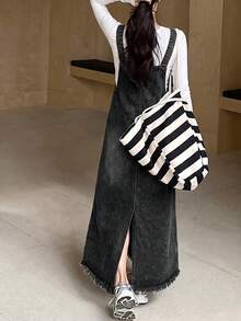 Teen Girls Blue Denim Loose Overall Dress - Black - View 2
