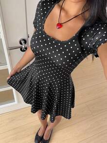 SHEIN EZwear Damen Lässig Süß Schwarz-Weißes Polka-Dot Kleid für Sommer Date Alltag - Schwarz und Weiss - Übersicht 4
