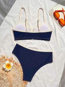Costavie Minimalist Colorblock V-Neck Underwire Women's Top And Patchwork Multicolor High-Waist Triangle Bikini Bottoms 2-Piece Set - Navy Blue - View 6