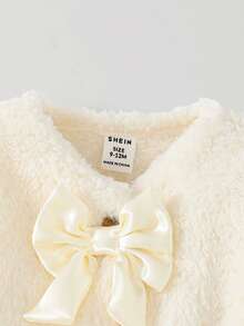 SHEIN Elladie kids 女婴温暖毛绒蝴蝶结装饰夹克，适合外出和日常穿着，秋冬季 - 米色 - 查看 4