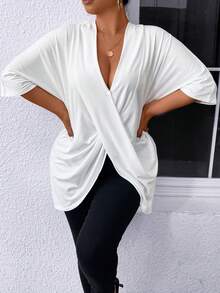 SHEIN Essnce Plus Size Women's Stretchy V-Neck White Short Sleeve Top, Casual, , Spring/Summer Fall - White - View 5