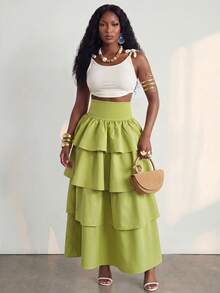 BamGlimmer Plus Size Women's High Waist Green Multi-Layer Ruffle Skirt, Suitable For Casual, Party, Daily Commute - Green - View 5