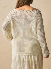 Freevana Boho Soft Form Allover White Ribbed Knit Sweater With Crochet Yoke Off-Shoulder Neck Cozy Autumn Party Office Date Night Top Pullovers For Women Fall - White - View 11
