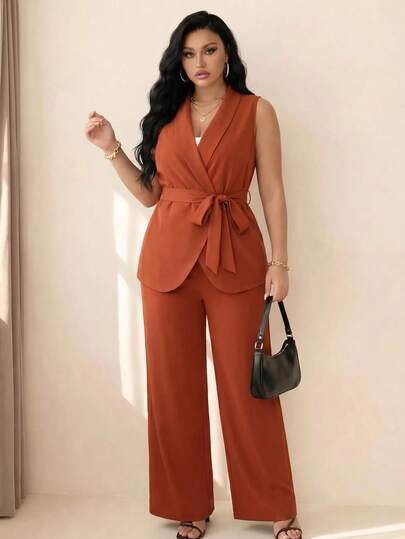 Elenzga Plus Size Women's Elegant Brown Vest Top & Long Pants Suit Set, Exquisite Office Wear, Brown Woven Suit Set For Prom, Date Party, Wedding Season, Outings And More