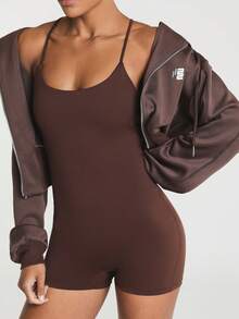 11SKNDS Strappy Crossback Short Romper With Scoop Neckline And Built-In Support Sleeveless One-Piece Unitard For Yoga Pilates And Summer Activewear - Chocolate Brown - View 5