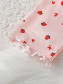 SHEIN Genkimix Kids 女童草莓印花長袖上衣與長褲套裝居家服 - 珊瑚粉 - 查看 4