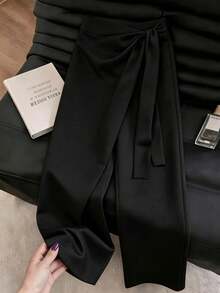 SHEIN Franclia 女款夏季休閒高腰裹身直筒裙褲，女款春夏禪風繫帶直筒褲，2合1裹身直筒褲，藝術復古亞麻直筒褲，沙灘度假穿搭，休閒、假日、約會、通勤、派對、度假、節慶、商務會議 - 黑色 - 查看 5