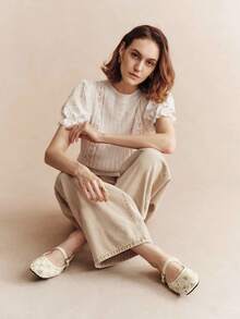 Rosivie Women's Beige Mesh Embroidered Square Toe Comfortable Back Strap Casual Commute Flat Shoes Fall Shoes - Off-white - View 2