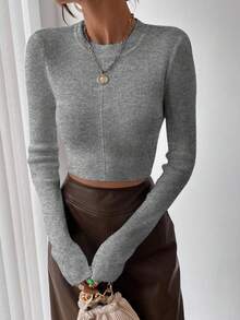 SHEIN Raffinéa Suéter de manga larga de cuello redondo de unicolor cómodo para el uso diario Y2K - Gris - Ver 4
