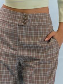 MUSERA Mid Rise Check Pattern Cropped Flare Trousers With Button Waist Detail Summer Smart Casual 1960s Vintage 90s Office Work School Sixth Form Grey Plaid - Multicolor - View 5
