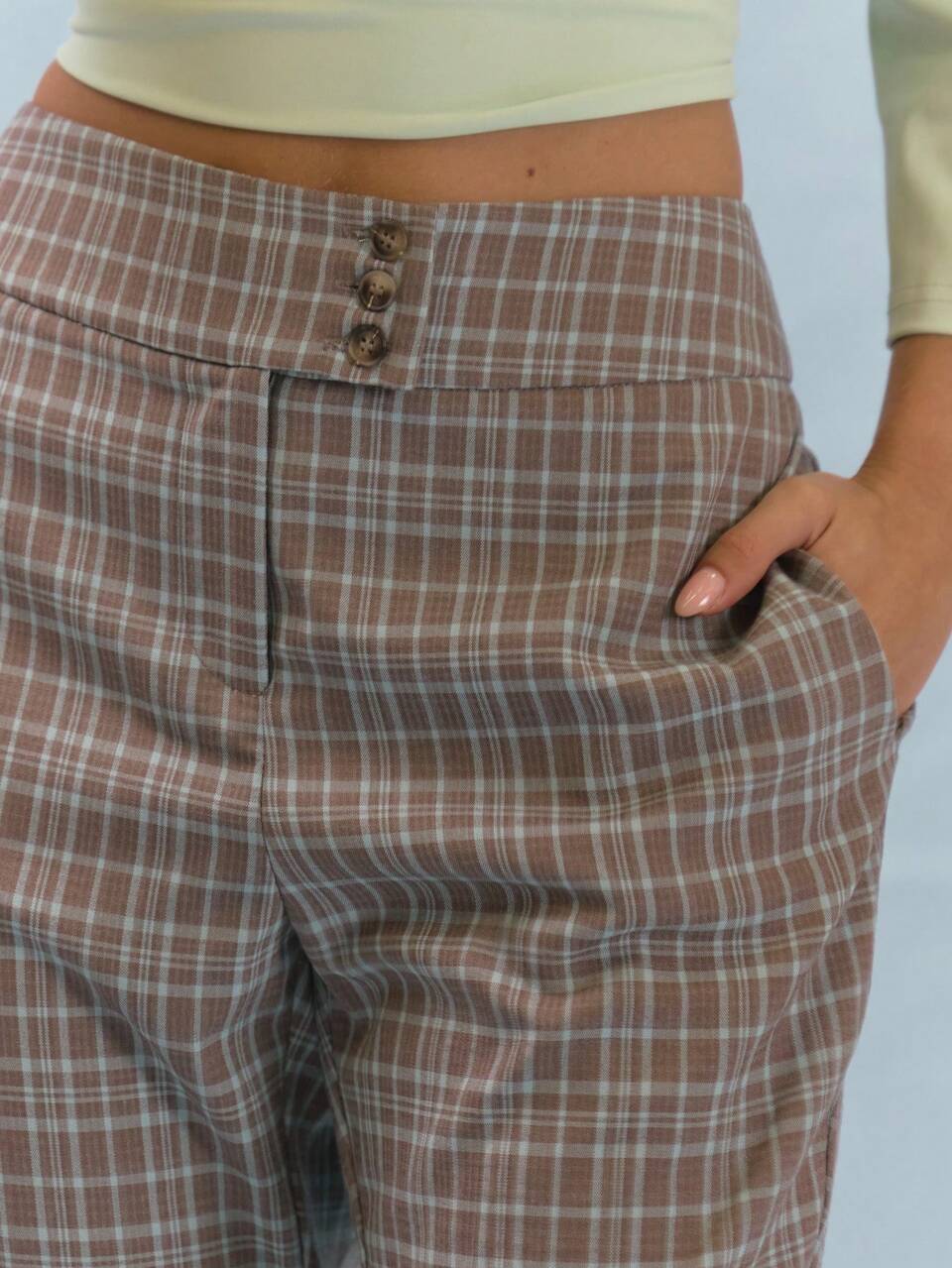 Checked Button Waist Detail Mid Rise Cropped Flared Trousers
