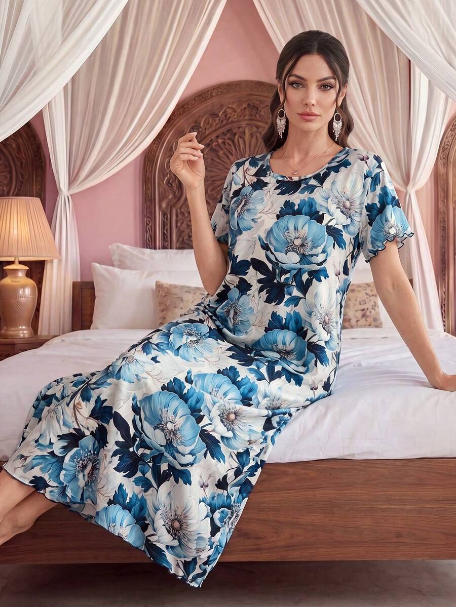 Jahmira Floral Print Short Sleeve Women Long Sleep Dress Perfect Summer, Moo Moo - Multicolor - View 1