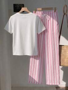 SHEIN Essnce 2件組刺繡圓領短袖上衣與條紋印花長褲，休閒風 - 粉色 - 查看 2