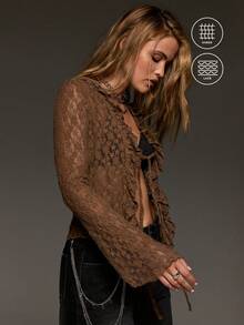 BAD SUNDAY Top de encaje elegante y semitransparente marrón con cuello en V, lazo delantero y manga larga para mujer, versátil estilo Y2K vintage sexy streetwear para uso diario, citas y festivales de música - Marrón - Ver 6