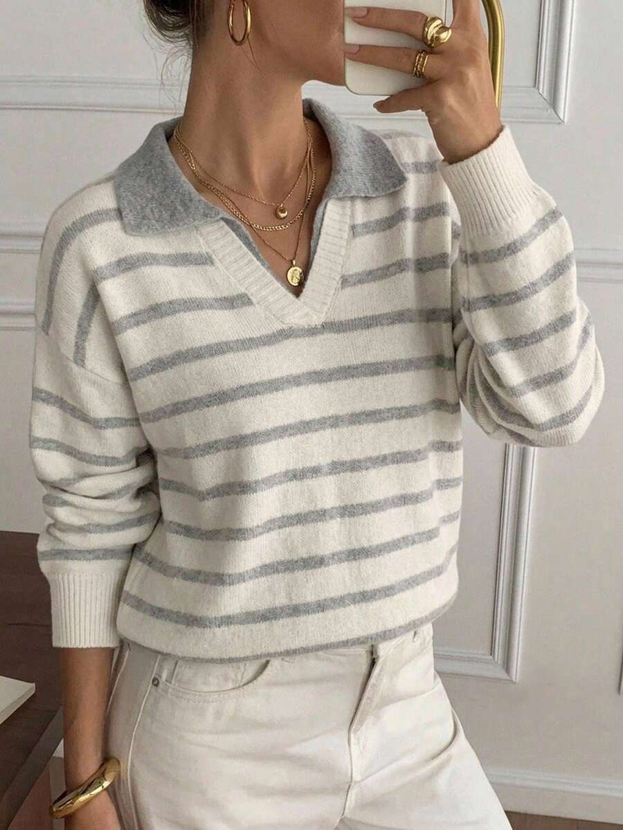 DAZY Women's Slouchy Colorblock Henley Neck Top With 2 In 1 Design Soft Knit Sweater - Grey - View 1