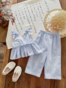 Emery Rose Kids Emery Rose Kids 女童蝴蝶結裝飾百褶條紋上衣與長褲休閒日常套裝 - 藍白色 - 查看 2