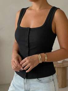 Dazy Plus Summer Square Neck Fitted Ribbed Versatile Cropped White Plus Size Women Spring/Summer Wide Strap Camisole Tank Top - Black - View 4