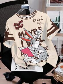 LOONEY TUNES X SHEIN 女款圓領短袖休閒T恤，滿版圖案印花 - 白色 - 查看 3