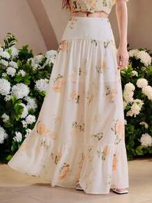 SHEIN Zanirela Women's Set Crop Top High Waist Tiered Maxi Skirt Chiffon Ruffle Short Sleeve Romantic Resort Off White Pink Rose Floral 2 Pieces Sets For Women Holida - Beige - View 3