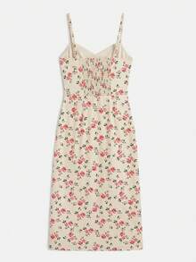 lacRébo Floral Print Woven Fitted Slit Front Midi Dress With Adjustable Straps And Smocked Back Summer Holiday Romantic Cute French Style Dress - Apricot - View 7