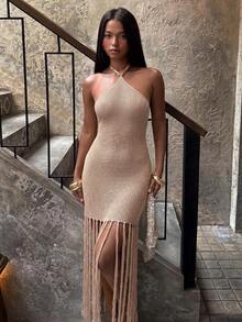SHEIN BAE 歐美風Ins性感綁帶掛脖彈性針織流蘇修身露背洋裝 - 卡其色 - 查看 7