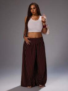 Rustia Plus Size Casual Striped Wide Leg Pants Fall - Brown - View 7