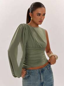 SHEIN BAE Women's Autumn Olive Green Elegant One-Shoulder Asymmetrical Ruched Puff Sleeve Top, Suitable For Commuting, Casual, Elegant, Ruched, Outing, Work, Mesh Knit - Army Green - View 6