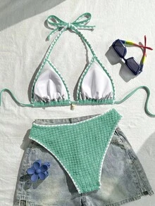 Swim Vcay 女款兩件式泳衣套裝，特殊面料，掛脖綁帶，露背，貝殼設計，夏季度假海灘 - 彩色 - 查看 2