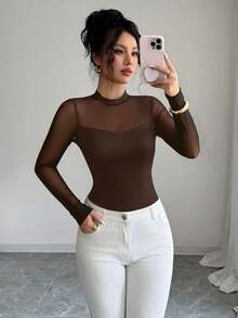 Elenzga Women's Autumn/Winter Elegant Solid Color Stretch Slim Fit Sheer Patchwork Long Sleeve Top - Brown - View 4
