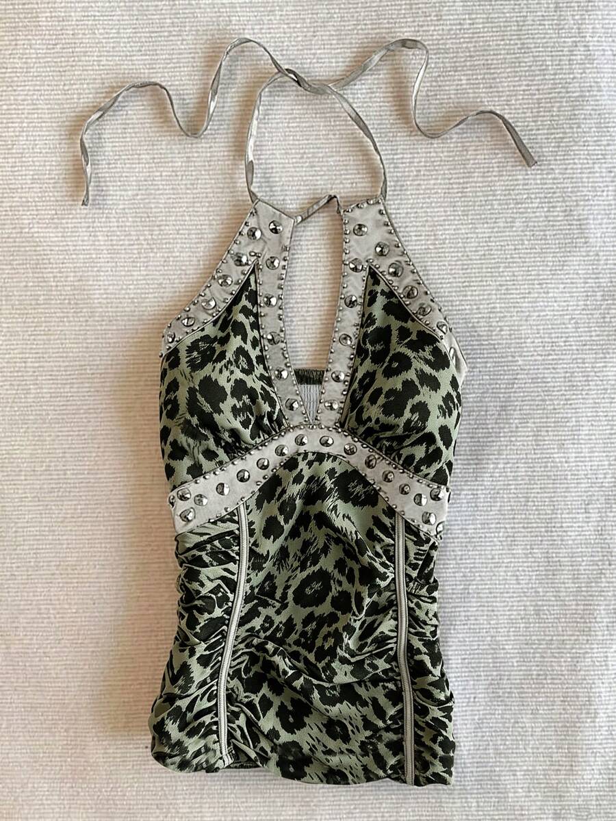 IslaSuriya Summer Vintage Leopard Print Halter Neck Top For Women, Rhinestone & Metal Rivet Decor - Army Green - View 1