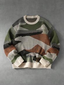 ROMWE MEN Men's Colorblock Crew Neck Long Sleeve Casual Loose Fit Sweater - Green - View 1